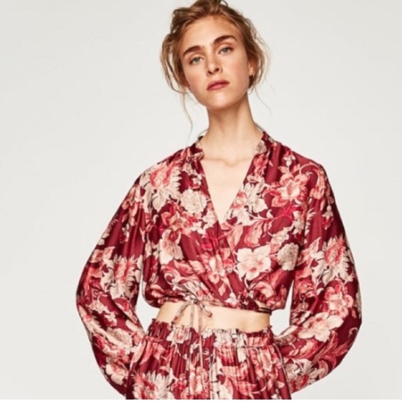 Zara Crop Wrap Front Tie Floral Blouse with Puffy Sleeves Size S - Picture 1 of 11